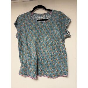 Natural Life Floral Print T Shirt Blue Pink Yellow Green Lettuce Hem Wom Size L